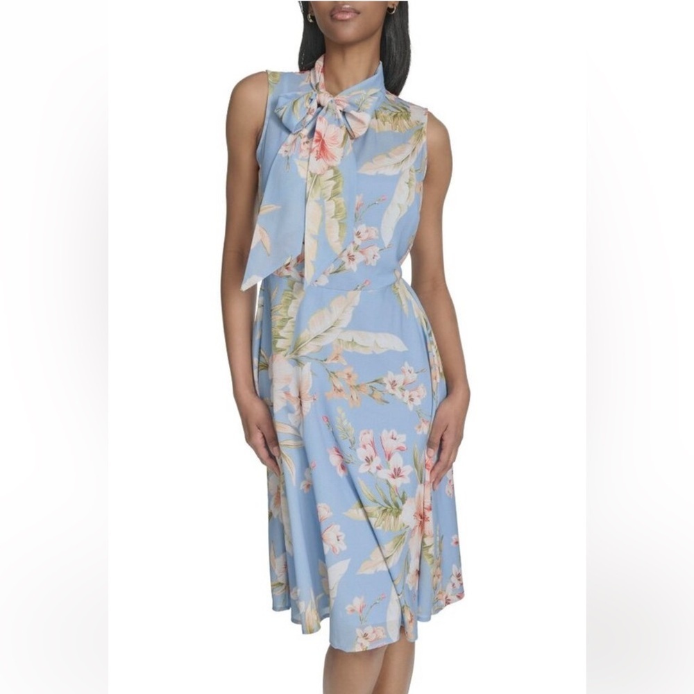 H Halston Floral Sleeveless MIDI Tie Neck Shift Dress Size 12- NWT